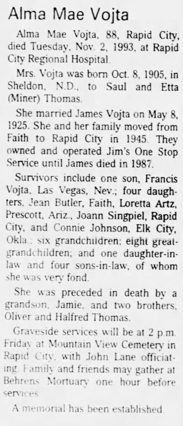 Obituary for Alma Mae Vojta, 1905-1993 (Aged 88)